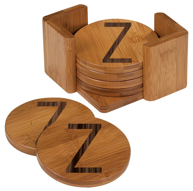 Personalized Bamboo Round Coaster Set with Holder - 6 Coasters Featuring Walnut Monogram Inlay - Durable and Stylish Drink Protection