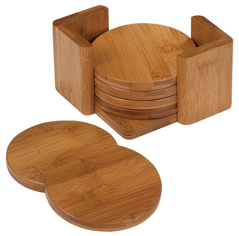 Personalized Bamboo Round Coaster Set with Holder (6-Pack)