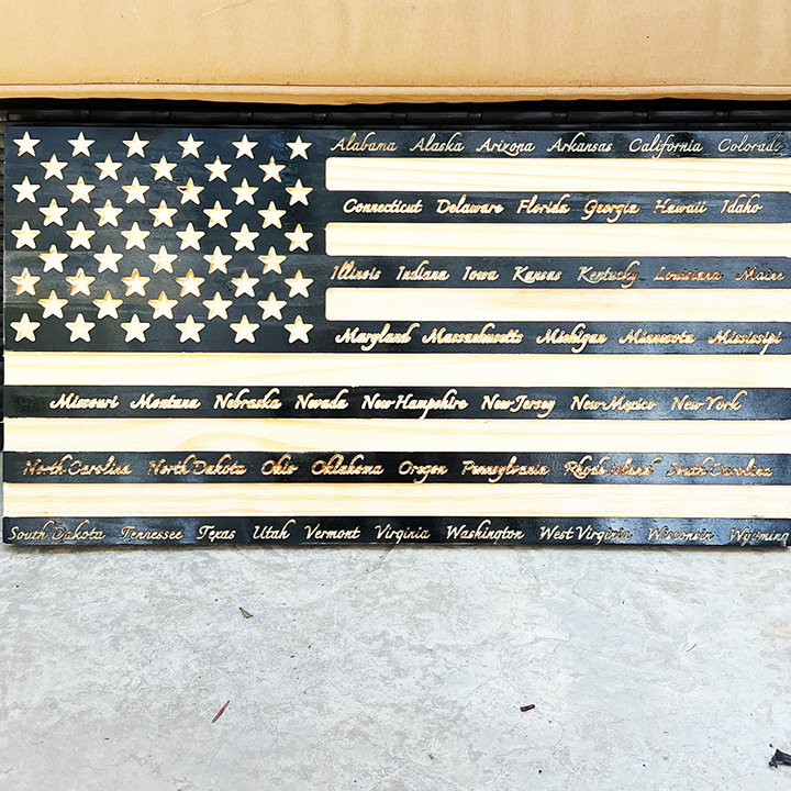 Solid Pine Wood Black United States Flag with All 50 States Engraved – Patriotic Wall Art for Home or Office