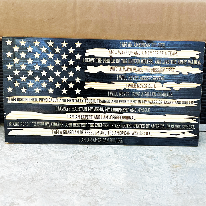 Solid Pine Wood Black US Flag with the Soldier's Creed - Patriotic Wall Art for Military Enthusiasts