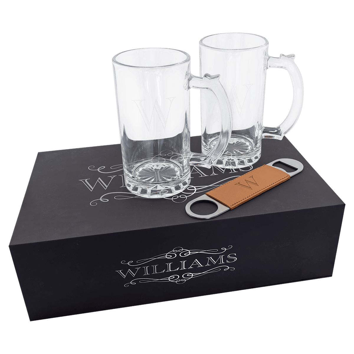 Personalized Beer Gift Set with Two 14 oz. Mugs and Rawhide Bottle Opener