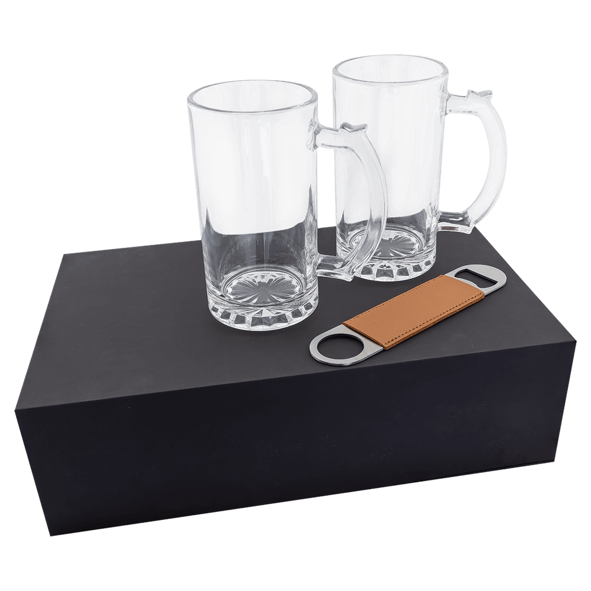 Personalized Beer Gift Set with Two 14 oz. Mugs and Rawhide Bottle Opener