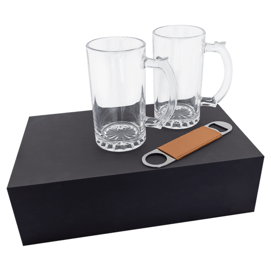 Personalized Beer Gift Set with Two 14 oz. Mugs and Rawhide Bottle Opener