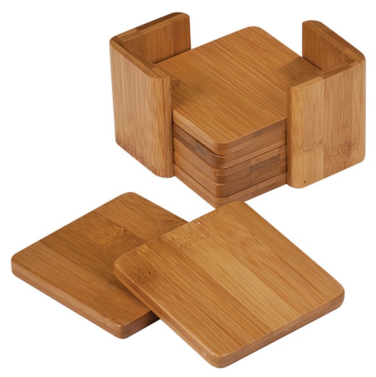 Square Bamboo Coaster Set - Pair of 2 with Holder - 3 3/4 Inch