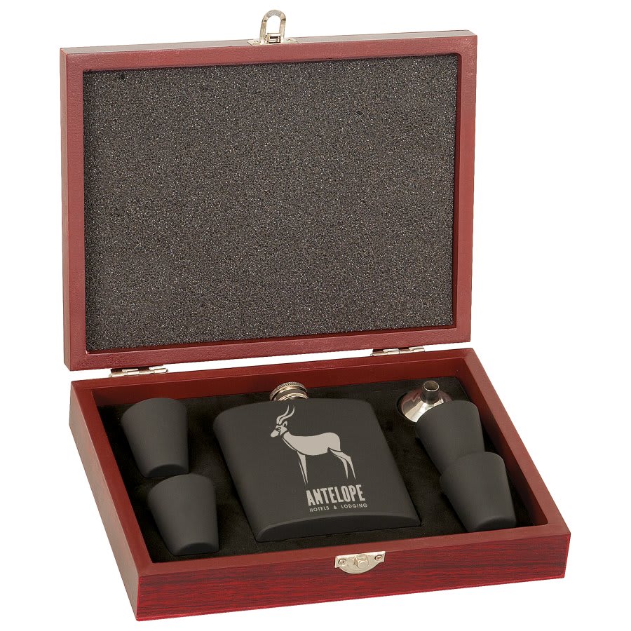 6 oz. Flask Set in Wood Presentation Box with 4 Shot Glasses