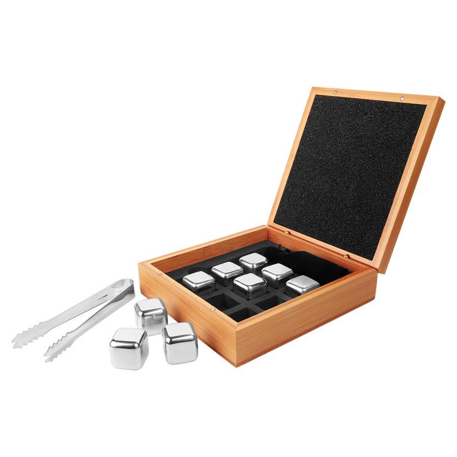 Stainless Steel Whiskey Stone Set in Engraved Bamboo Case