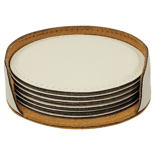 Round Leatherette Coaster Set - 6-Piece Set with Holder