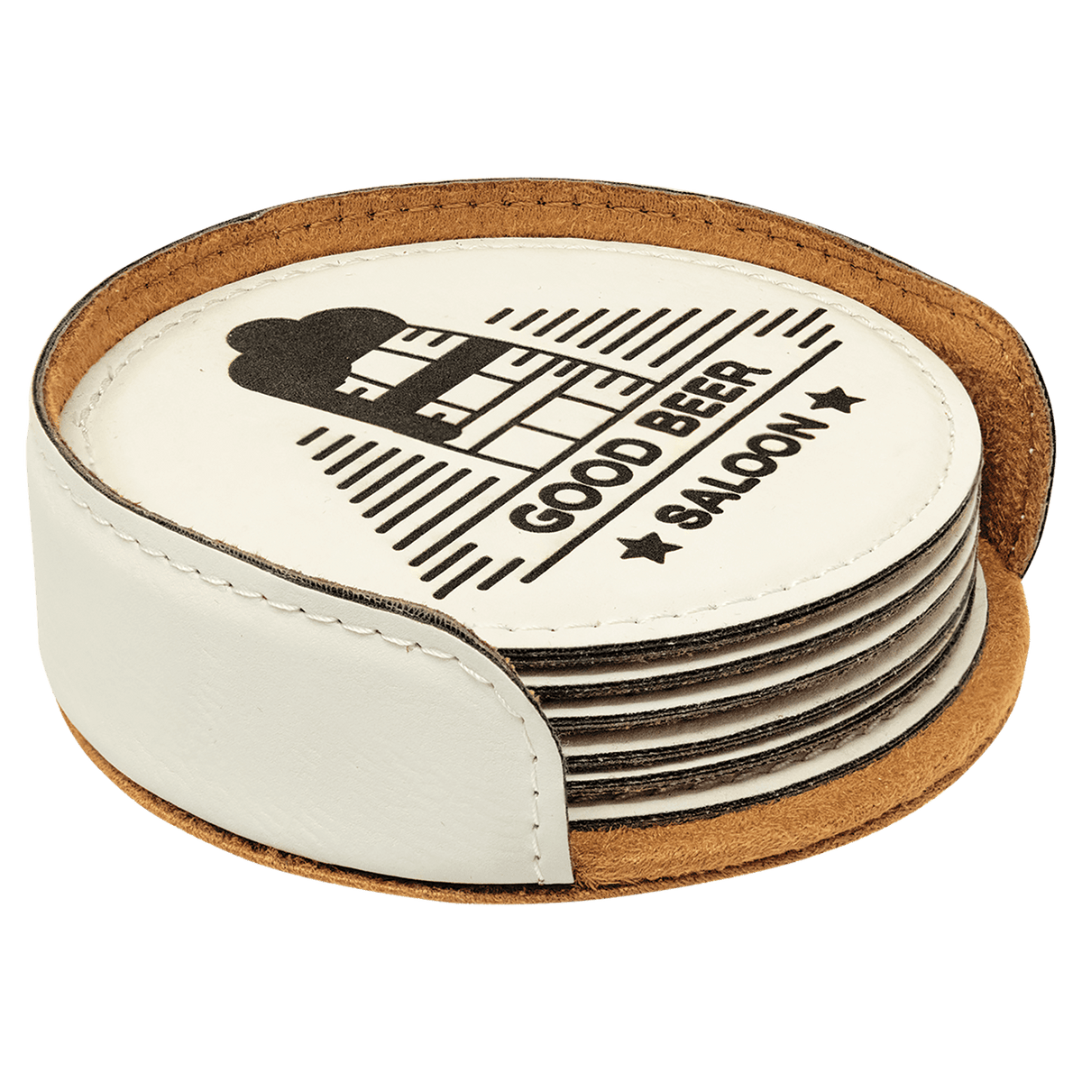 Round Leatherette Coaster Set - 6-Piece Set with Holder