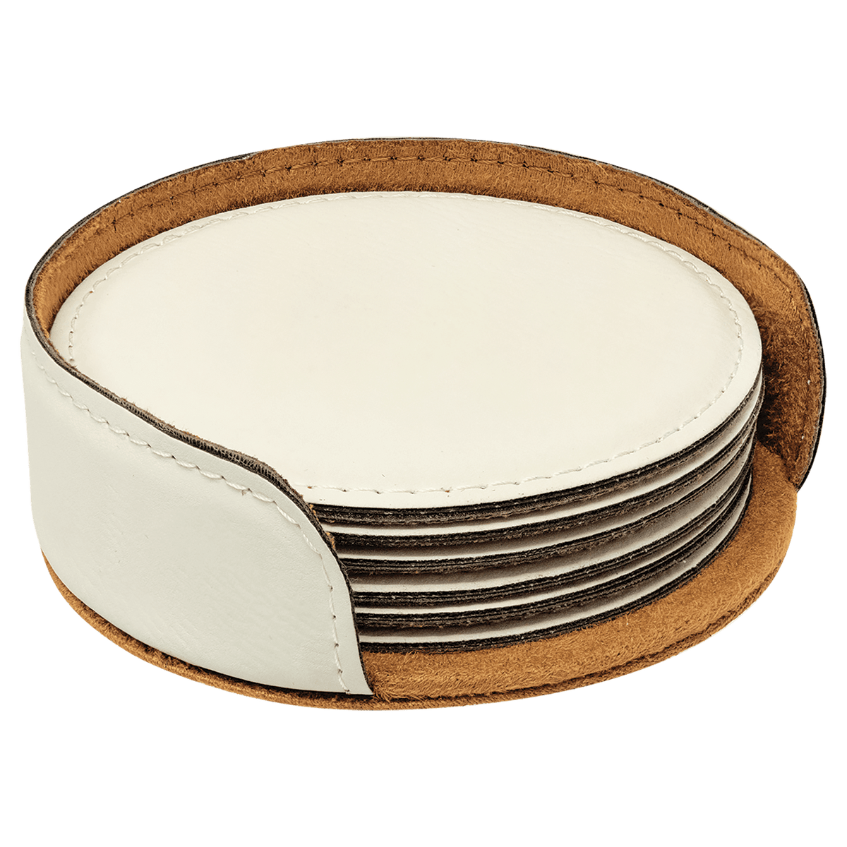 Round Leatherette Coaster Set - 6-Piece Set with Holder