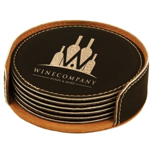 Round Leatherette Coaster Set - 6-Piece Set with Holder