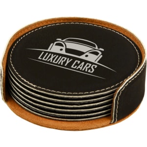 Round Leatherette Coaster Set - 6-Piece Set with Holder