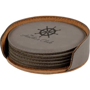 Round Leatherette Coaster Set - 6-Piece Set with Holder