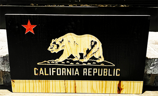 Wooden Pine Black State of California Flag with Red Star