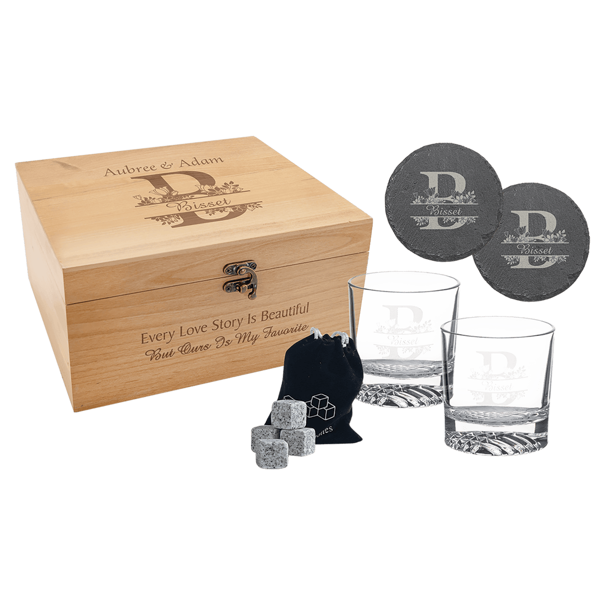 Personalized Red Alder Whiskey Gift Set with Glasses, Slate Coasters, and Granite Stones