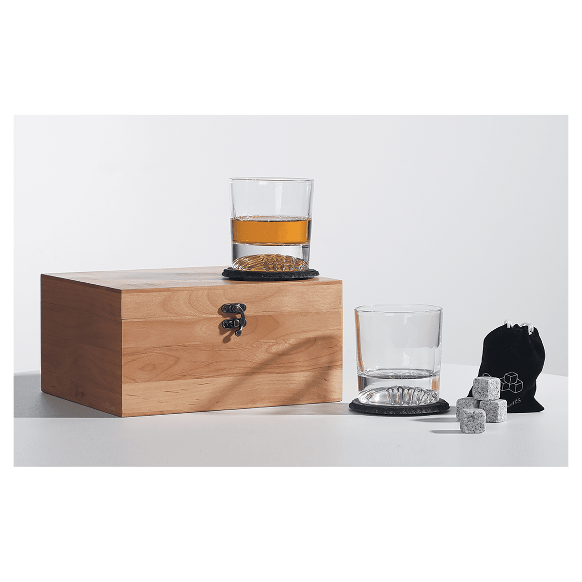 Personalized Red Alder Whiskey Gift Set with Glasses, Slate Coasters, and Granite Stones