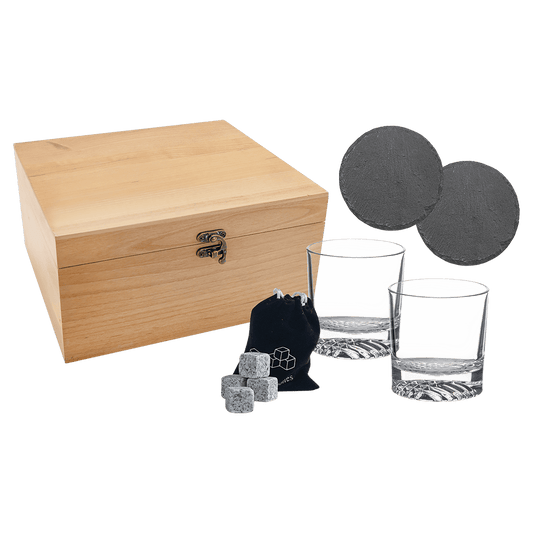 Personalized Red Alder Whiskey Gift Set with Glasses, Slate Coasters, and Granite Stones