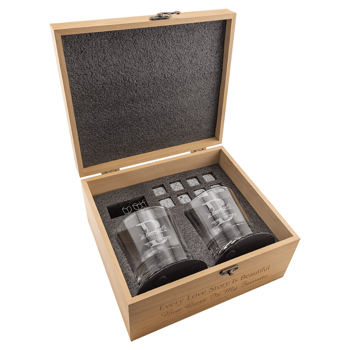 Personalized Red Alder Whiskey Gift Set with Glasses, Slate Coasters, and Granite Stones