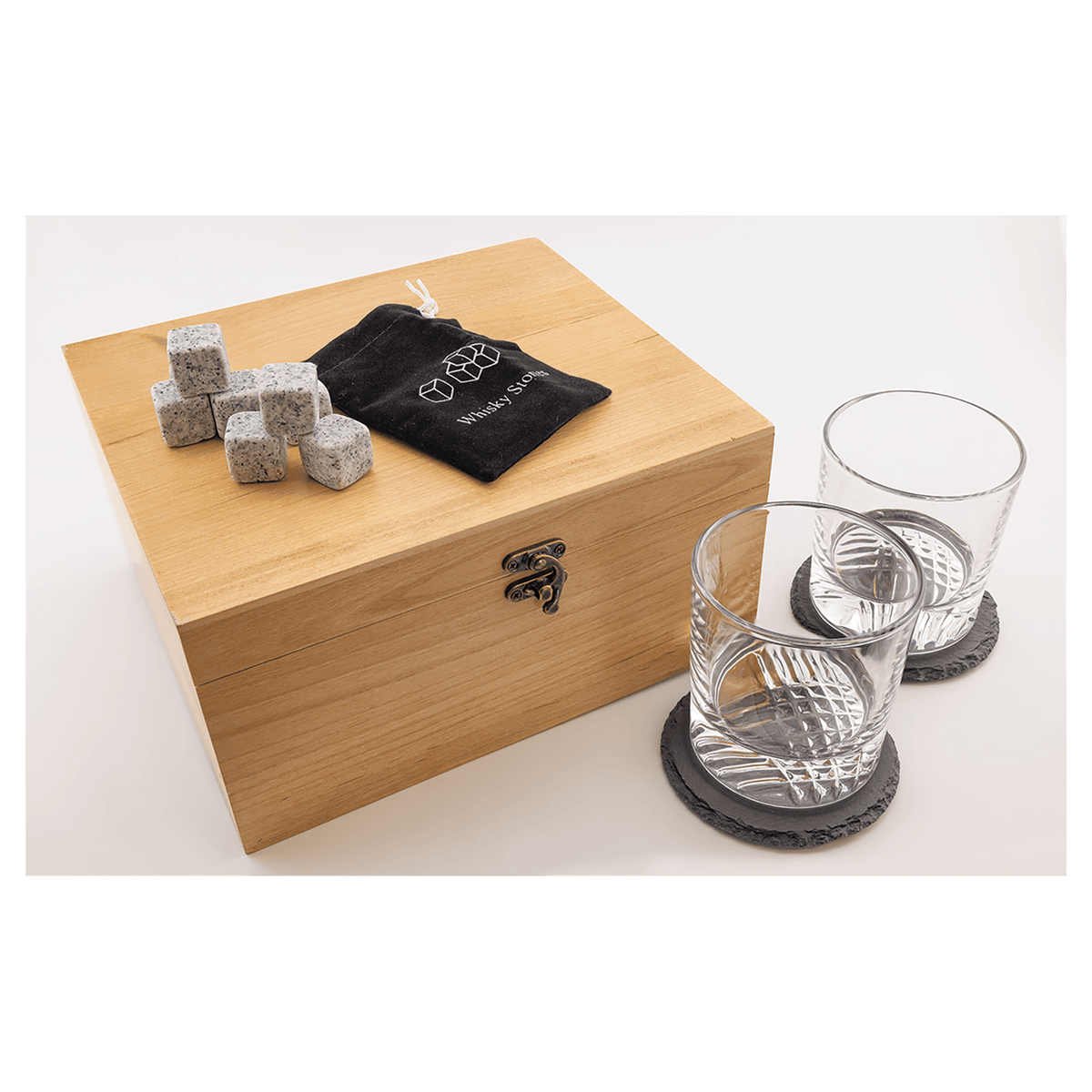 Personalized Red Alder Whiskey Gift Set with Glasses, Slate Coasters, and Granite Stones
