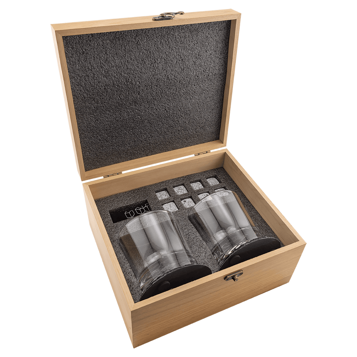 Personalized Red Alder Whiskey Gift Set with Glasses, Slate Coasters, and Granite Stones