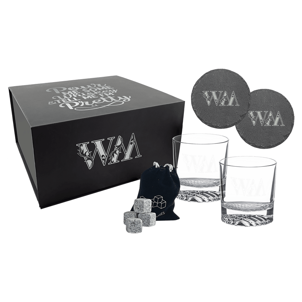 Whiskey Gift Set with Glasses, Coasters & Stones