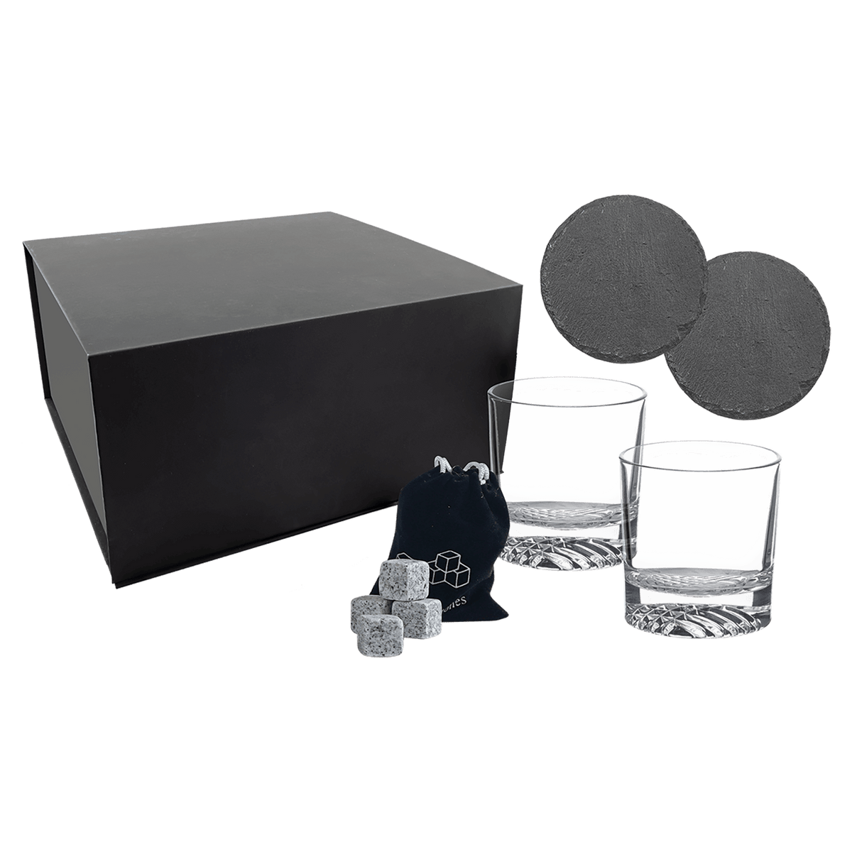 Whiskey Gift Set with Glasses, Coasters & Stones