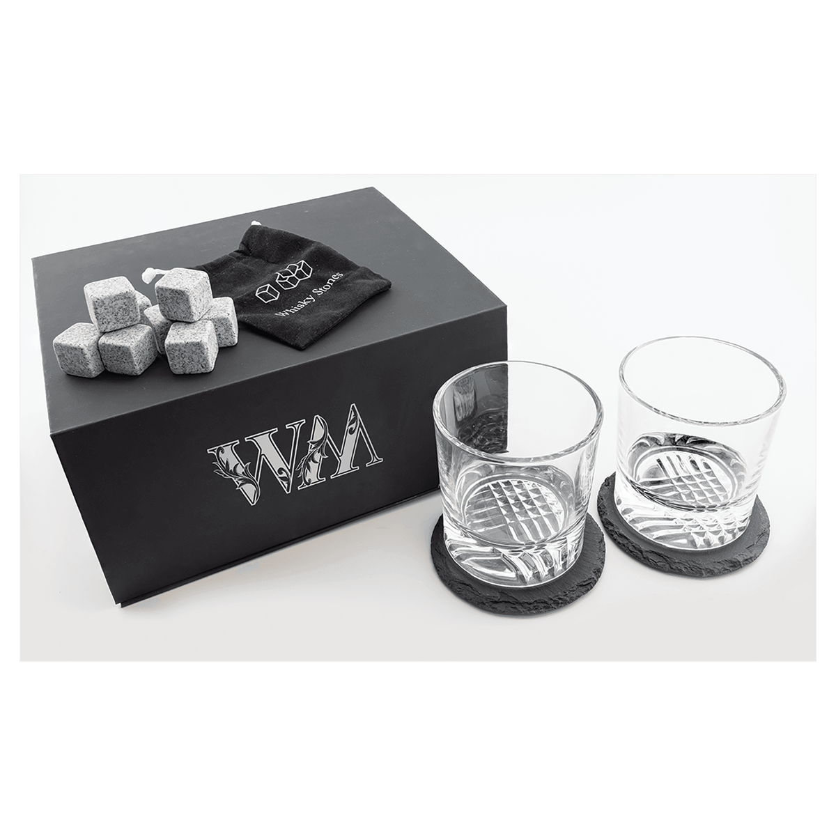 Whiskey Gift Set with Glasses, Coasters & Stones