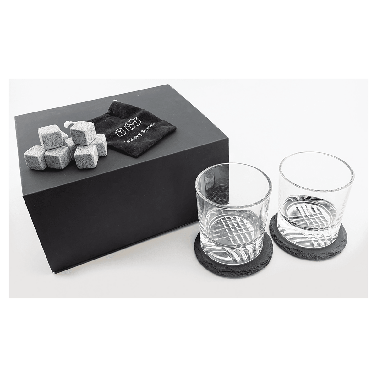 Whiskey Gift Set with Glasses, Coasters & Stones